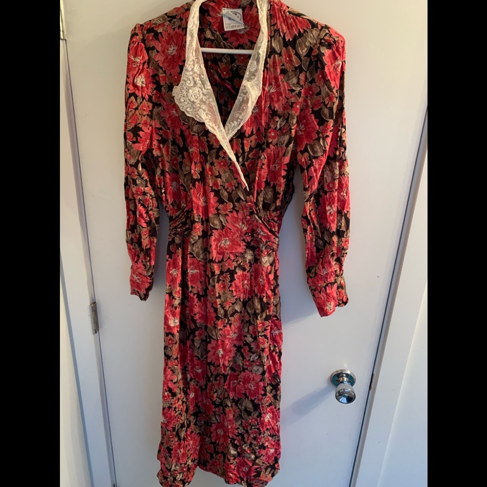 Laura Ashley Red Floral Dress with Cream Lace Collar